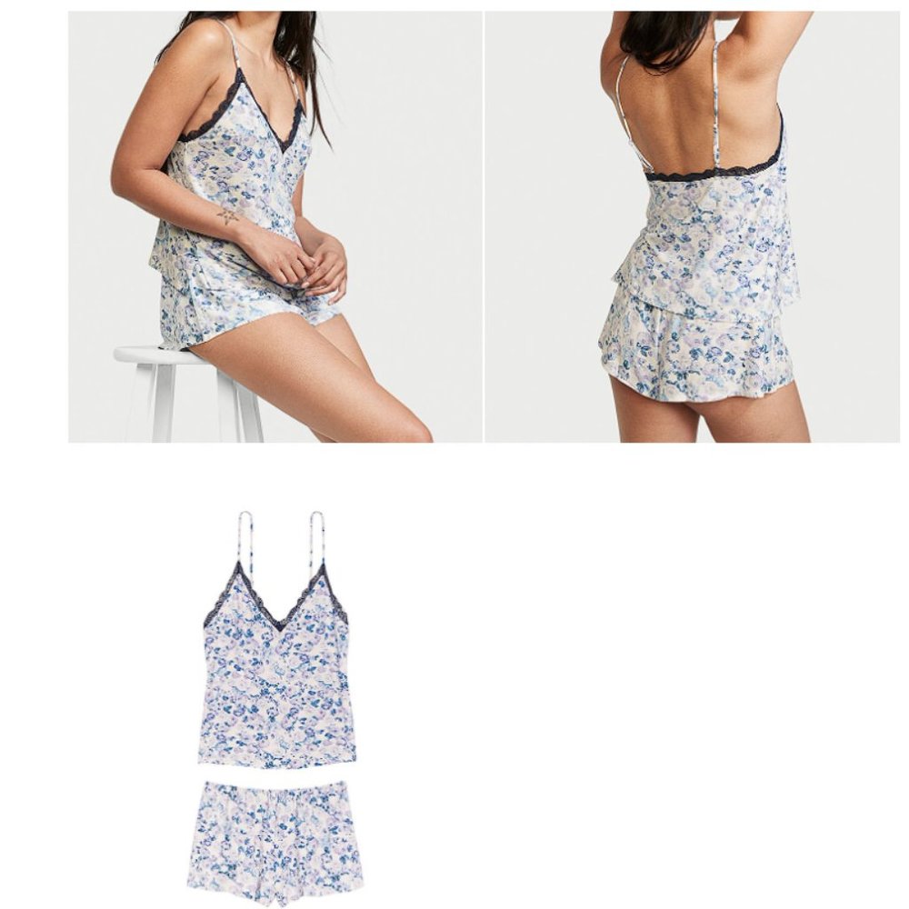 VS XL Cami Short PJ Set Blue Purple Floral Pajamas PJs Denim Toile So Comfy!!!